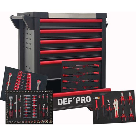 Servante d’atelier 6 tiroirs DEF’PRO avec 284 outils capacité 290 kg plateau inox et fermeture à clés (1/5)