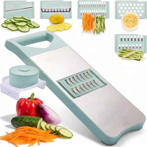 Mandoline multifonction 5 en 1 - Trancheuse à légumes - Coupe-légumes - Lames en acier inoxydable - Support de sécurité - Bac de récupération - 5 types de lames - Vert d'eau (1/5)