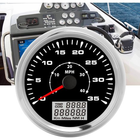 Compteur de vitesse GPS analogique 85 mm 35 nœuds (fond noir avec cadre argenté) (1/5)