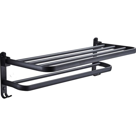 Sollbry Badezimmer-Handtuchhalter, Handtuchregal mit doppelten Handtuchstangen, Wandmontage, Waschbeckenregal mit Haken, Aluminium-Hotel-Badewannenregal (mattschwarz, 50 cm) (1/5)