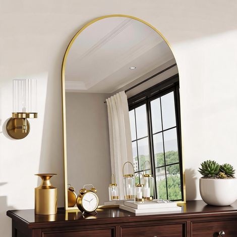 Miroir peinture murale arqué moderne – Cadre en métal doré, verre trempé 5mm, sécurité et élégance, idéal salle de bain/chambre/salon, pose peinture muralee ou à poser – Finition 22x30'' Edge Type Gol (1/5)
