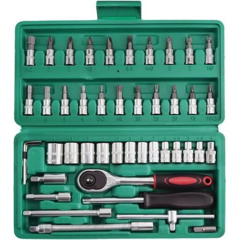 Coffret Clés à Douilles Embouts, 46PCS Jeu de Clés à Cliquet en Acier au Chrome Vanadium, Outil de Réparation de Véhicule 1/4 Pouce (1/4)