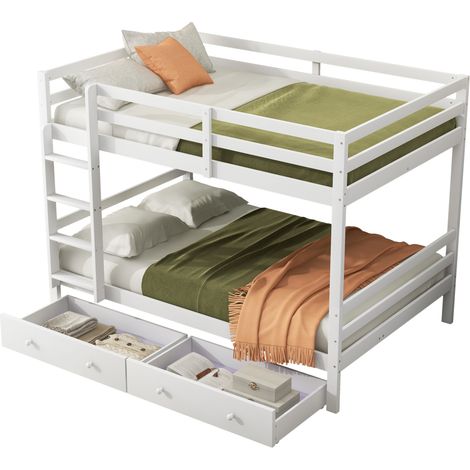 Lit superposé enfant en bois de pin et MDF blanc 140x200 cm avec tiroirs de rangement, garde-corps hauts (1/5)