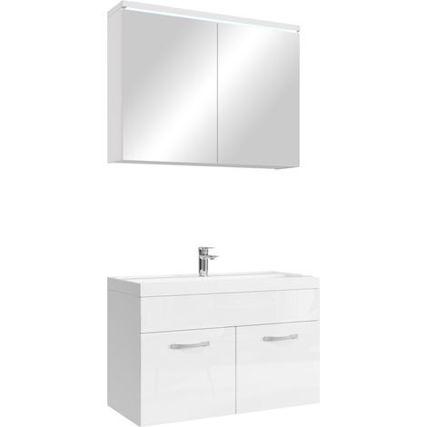 Badezimmer Badmöbel-Set Paso 02 80cm Waschbecken Weiß hochglanz (1/5)