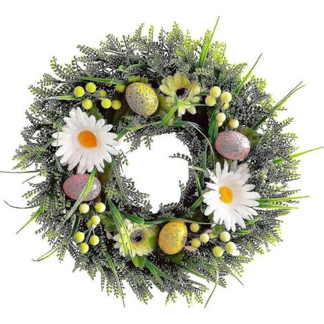 BelleRise - Couronne de Pâques décorative composée de fleurs et de feuilles vertes, pour porte d'entrée, mur ou fenêtre, 40 cm (1/5)