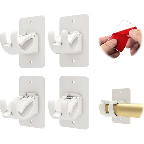 Supports de tringle à rideaux sans perçage, adaptés aux salles de bains, cuisines, salons, coiffeuses et chambres (blanc, paquet de 4). (1/5)