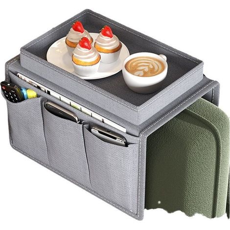 Accoudoir de Canapé Sac de Rangement, 5 Poches Organiseur d'Accoudoir de Canapé avec Plateau, Canapé Accoudoirs Organisateur pour Tablettes, Téléphone, Livre, Magazines, Télécommande (Gris) (1/5)