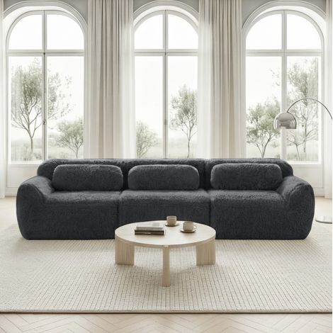 3-Sitzer Sofa grau aus Plüsch modular rahmenlos mit Kissen und rutschfester Basis (1/5)