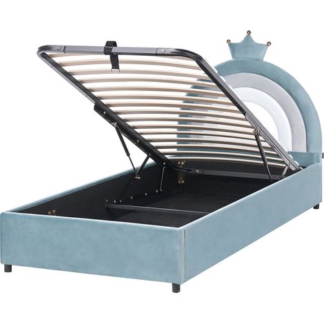 Cama infantil tapizada moderna de terciopelo 90 x 200 cm con somier de listones espacio de almacenaje azul Grisetot (1/5)