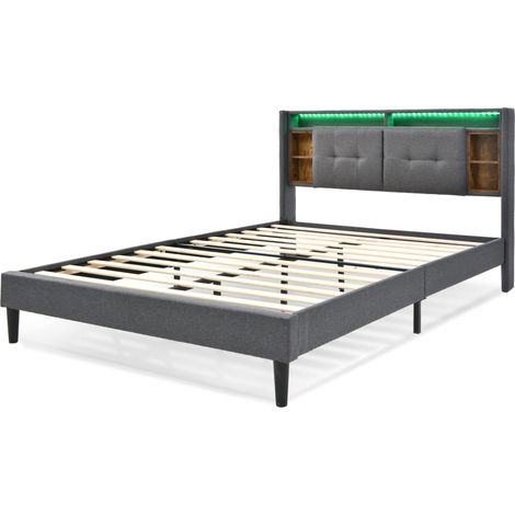 Cama doble tapizada 160 x 200 cm gris con cabecero con almacenaje, USB y LED HOMVRA (1/5)