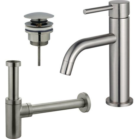 Fortifura Calvi Slim Kit mitigeur lavabo - robinet bas - bonde clic clac - siphon design - PVD Inox brossé (1/2)