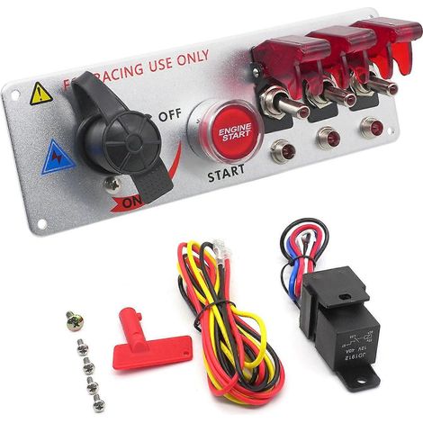 Panel de interruptores maestros de arranque de un botón de 12 V para coche, modificado para carreras, con interruptor de encendido LED y de arranque/apagado del motor (rojo). (1/5)