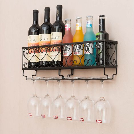 50CM Wall Mounted Metal Wine Glass Rack Drink Bottle Storage Display Shelf, Black (1/5)