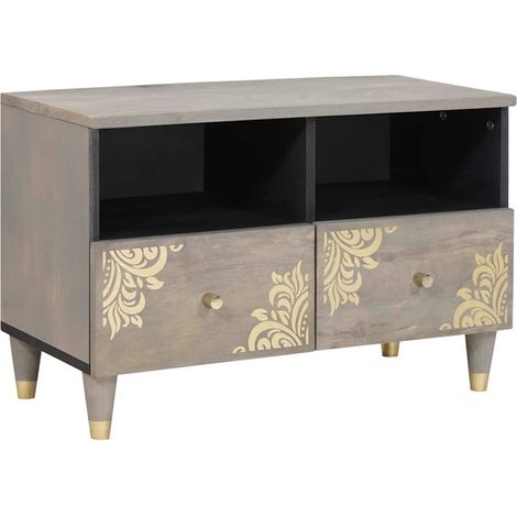 Meuble TV rectangulaire moderne rangement 70 x 33 x 46 cm en bois de mangue massif gris