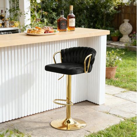 Silla de bar giratoria y regulable, respaldo y reposabrazos, terciopelo negro, estructura metálica (1/5)