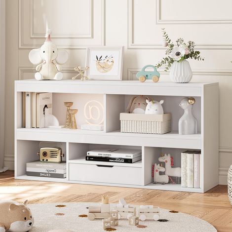 Bibliothèque enfant Méthode éducative alternative basse - Blanc - Rangement jouets 6 cubes + 1 tiroir - Étagère pour livres et jouets - Chambre, salle de jeux, crèche, classe - Spécifications : 1 tiro (1/5)
