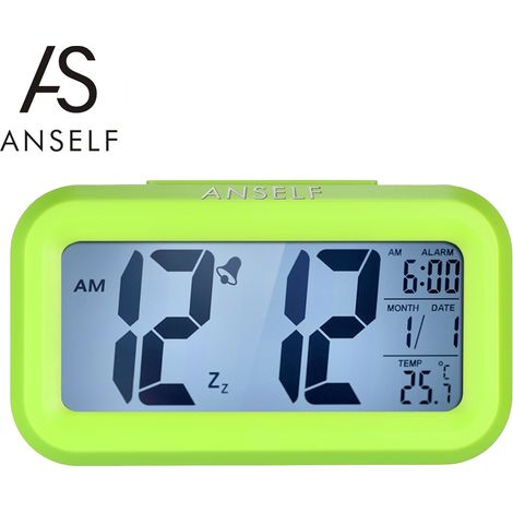 Réveil Digital Anself Grand Écran LCD Capteur Lumière Snooze Répétitif Affichage Température Date Heure 12/24H Vert (1/3)