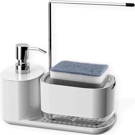 Juego dispensador de jabón de cocina 4 en 1, Con cubo, soporte para esponja y soporte para paño de cocina, Blanco, 2 esponjas de limpieza (1/5)