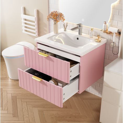 Waschbeckenunterschrank MDF Rosa-Weiß wandhängend mit Keramikwaschbecken, 2 Ebenen Stauraum (1/5)
