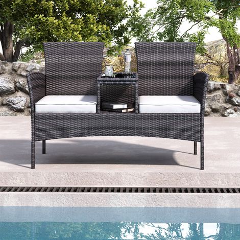 Banco doble de jardín - Sillón doble de exterior con mesa integrada y cojines blancos - 132 x 63 x 87 cm - de ratán negro (1/5)