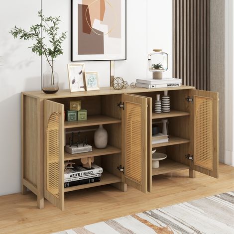 Buffet à 4 portes, rotin synthétique aéré, aspect MDF, coloris naturel (1/4)