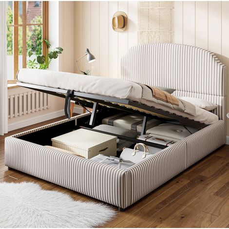 Cama con espacio de almacenamiento tapizada blanca y carbón 140x200 cm, somier de láminas y apertura hidráulica (1/5)