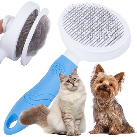 Brosse à poils autonettoyante pour chiens chats bleu et blanc (1/5)