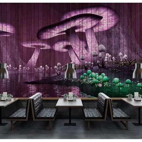 Papier peint panoramique forêt féerique violet Tapisserie panoramique violette originale avec champignon Papier peint panoramique chambre enfant (1/3)