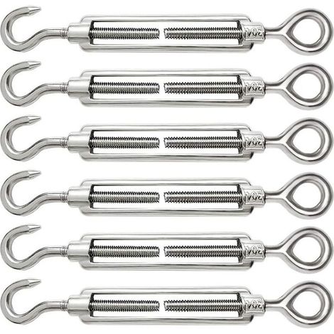 6 Pièces Tendeur Cable M6 Tendeur Cable Inox 304 Réglable Crochet de Ridoir et Oeil pour Tendeur de Fil Cable Acier Corde Crochet Tendeur Accessoires (1/5)