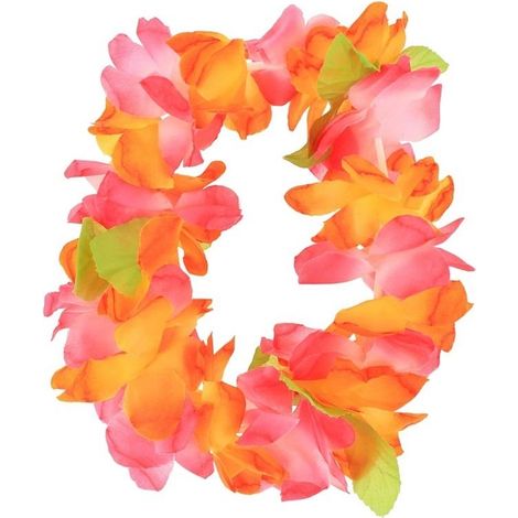 Diadema hawaiana con grandes flores naranjas y rosas.