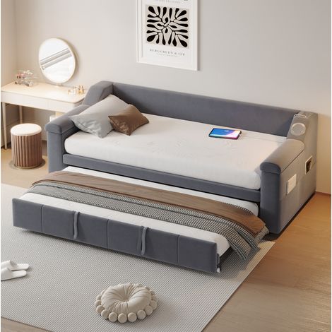 DESVIAE Canapé lit rembourré convertible avec Bluetooth stéréo USB et rangements accoudoirs larges sommier à lattes velours gris 90 x 190 extensible 180 x 190 (1/5)