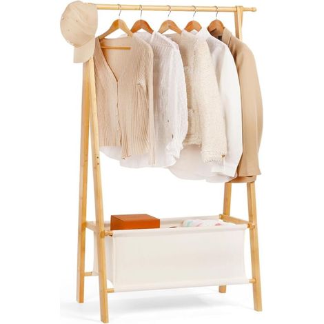 Porte-manteau en bambou avec boîte de rangement, portable, extra large, armoire pliante pour entrée et chambre (M) (1/5)