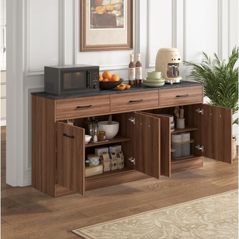 Mueble de cocina 160 cm, 3 cajones, estantes regulables, decorado nogal y cemento HAVRYA (1/5)