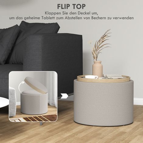 Pouf rembourré en lin avec coffre de rangement caché, couvercle réversible, 56 x 56 x 42 cm, gris clair et naturel (1/4)