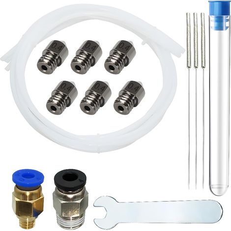 Acier trempé Buse, 6 pièces Buse en Acier 0,4 mm avec PC4-M6-M10 (1P + 1P), tube en téflon 31M, 3 aiguilles nettoyage buse de 0,4 mm et clé à fourche de 6mm pour Filament de 1.75mm Ender 3 (1/5)