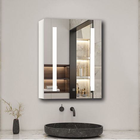 Acezanble LED Bathroom Mirror Cabinet with 3 Colour Lights Socket 40x70cm Illuminated with Demister Memory Function Dimmable Touch Switch White MDF (1/5)