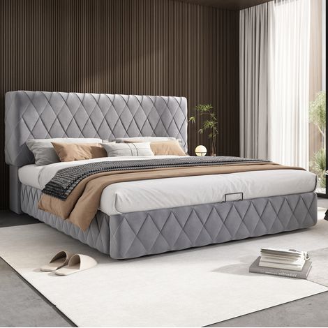 Letto contenitore 160x200 cm, letto matrimoniale imbottito con rete a doghe, in velluto, grigio, senza materasso (1/5)