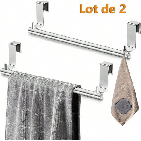 Lot de 2 porte-serviettes de cuisine avec 2 crochets, 23 cm, en acier inoxydable, à suspendre au-dessus d'un meuble. (1/5)