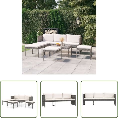 Rattanmöbel - 6-tlg. Garten-Lounge-Set mit Kissen Poly Rattan Grau (1/5)