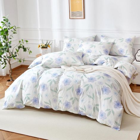 Bettwäsche 200x200 cm Baumwolle Blumenmuster Lila 3-teilig mit Reißverschluss