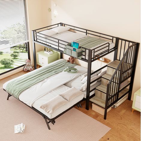 Letto a castello 90 x 200 cm con letto estraibile, scala contenitore, nero HAVRYA (1/5)