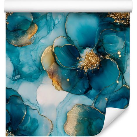Papier peint encre turquoise, bleu marine, bleu mer et or 50x1000 cm (1/5)