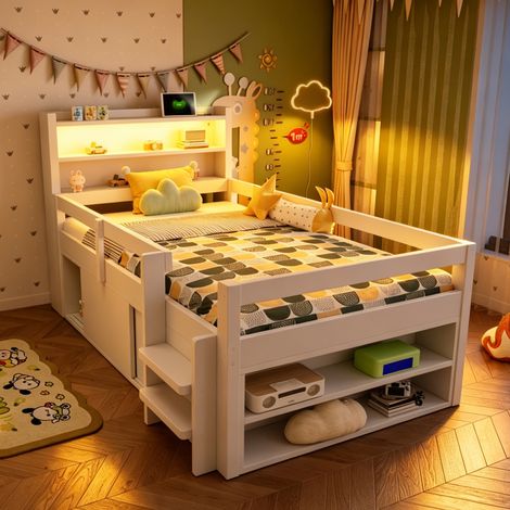 Cama alta infantil (220x95x106 cm), con almacenaje, luces LED y puertos USB, madera, blanco (1/5)