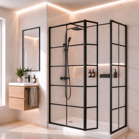 Aquari Grid Wet Room Screen Walk In Shower Enclosure Matt Black 1000mm & 800mm with 300mm Hinged Return Panel 8mm Toughened Glass (1/5)