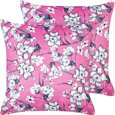 Set of 2 Decorative Cushions KOELERIA Velvet 45 x 45 cm Fuchsia Pink Floral Pattern (1/5)
