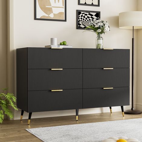 Credenza 120x40x77 cm nera in pannelli di legno con 6 cassetti - FLORAGRACE (1/5)