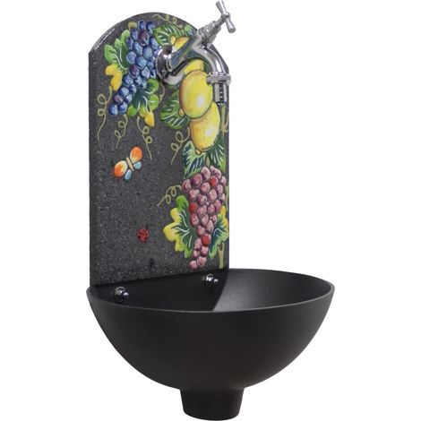 Fontana a muro Petra "C" colore ghisa per casa e giardino pietra lavica con rubinetto in ottone finitura a scelta : cromato