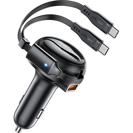 Cargador de coche Acefast B13 de 53 W con cables retráctiles USB-A y 2 USB-C - Negro (1/5)