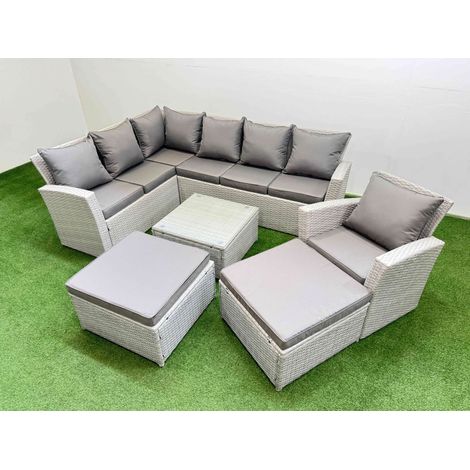 Fimous Outdoor Rattan Garden Furniture Set 9 Seater Corner Sofa Sets with Square Coffee Table Chair 2 Big Footstools Light Grey Mixed (1/5)