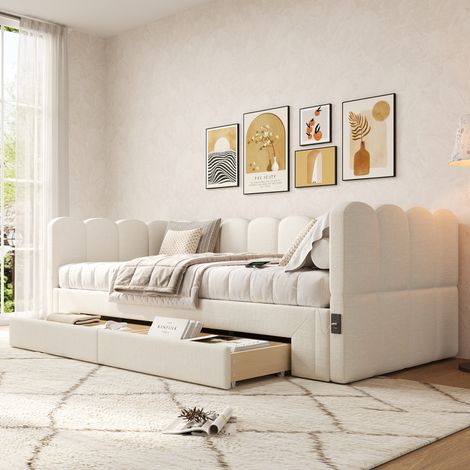Canapé-lit rembourré 90x200 cm lin beige,2 tiroirs,extensible 180 cm,USB,lit de jour fonctionnel,tissu respirant (1/5)